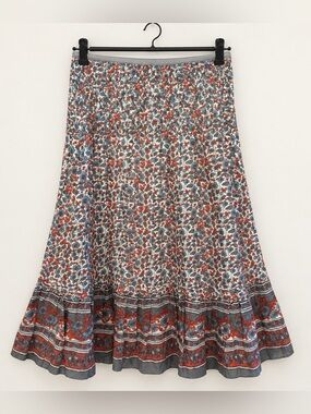 Chaudry KC Blue Red Floral Placement Print Smocked Side Zip Skirt NWT #1081